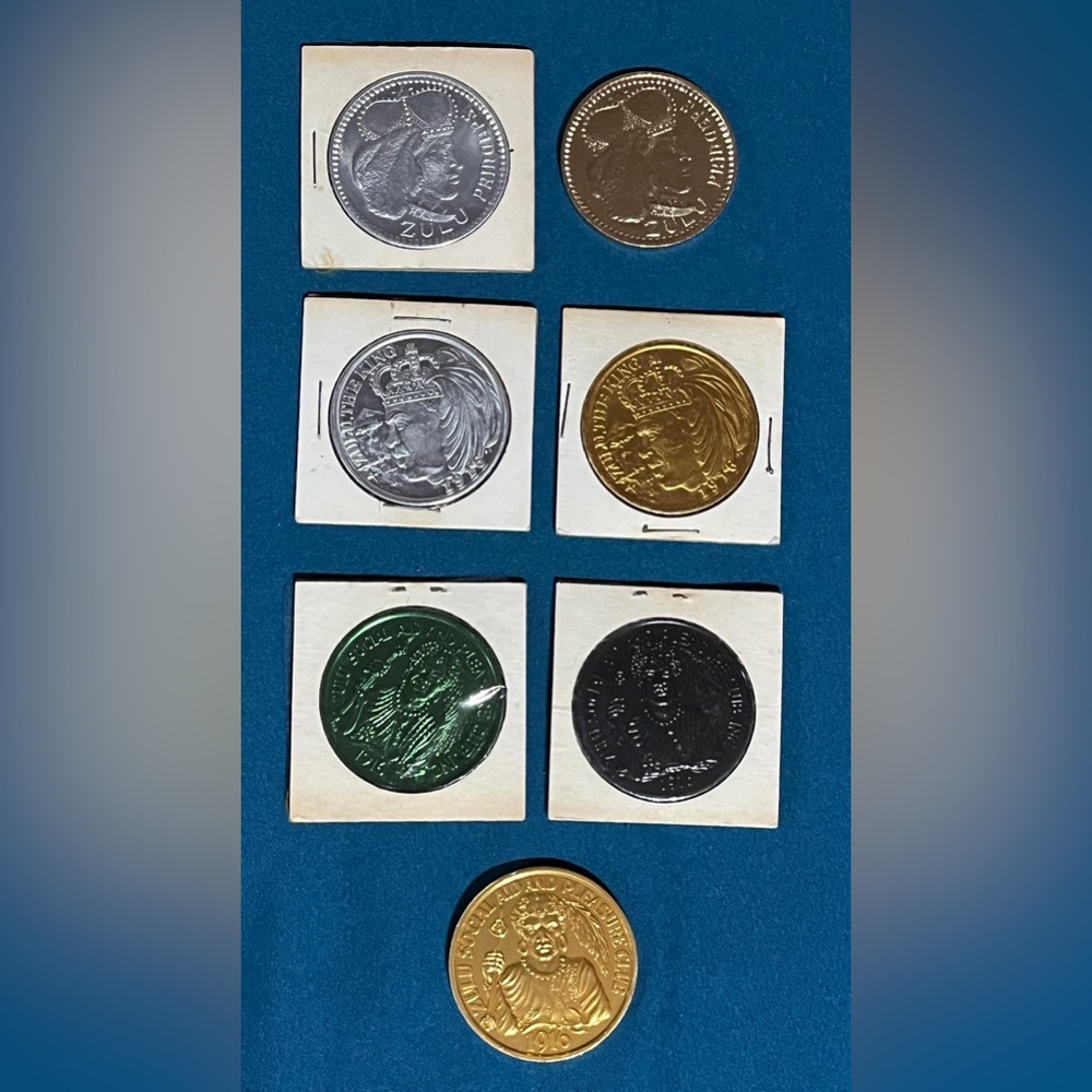 VINTAGE ZULU SOCIAL & PLEASURE CLUB MARDI GRAS COLLECTIBLE DOUBLOONS (SET OF 7)